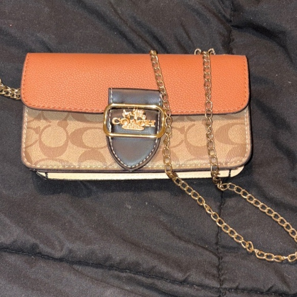 Tan and Brown Crossbody Bag with Chain